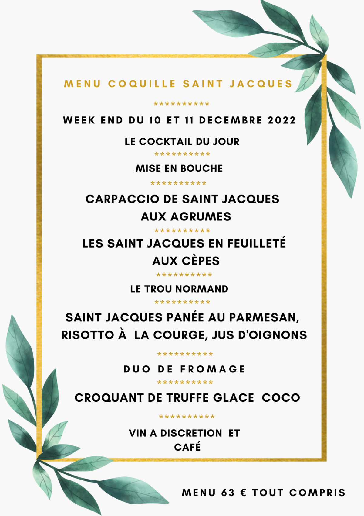 Menu coquille Saint-Jacques/week-end du 10 et 11 décembre 2022
